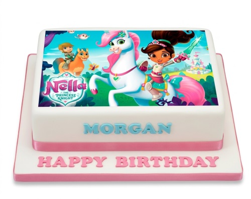 White square cake with edible image of Nella the Princess Knight, Sir Garrett, and a unicorn, with pink ribbon and custom message.