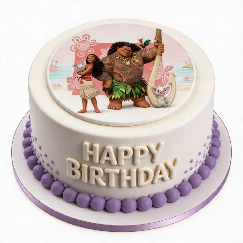 Round white Moana birthday cake with edible image of Moana, Maui, Pua, and Heihei, and 'Happy Birthday' message.