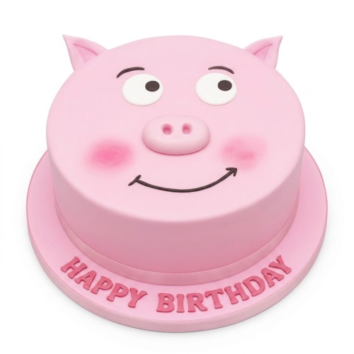 Round pink pig face birthday cake with 3D ears, nose, and eyes, and a 'Happy Birthday' message.