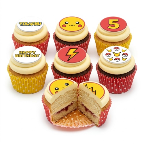 Pikachu themed cupcakes with custom age and Happy Birthday toppers, featuring Poké Balls and lightning bolts.