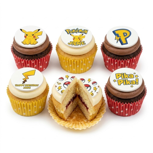 Six Pokémon themed cupcakes with Pikachu, Poké Ball, and lightning bolt toppers, some with vanilla and chocolate frosting.