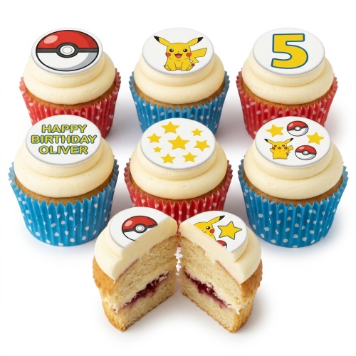 Cupcakes with Pikachu, Poké Ball, and star toppers, featuring a custom age and personalised message.