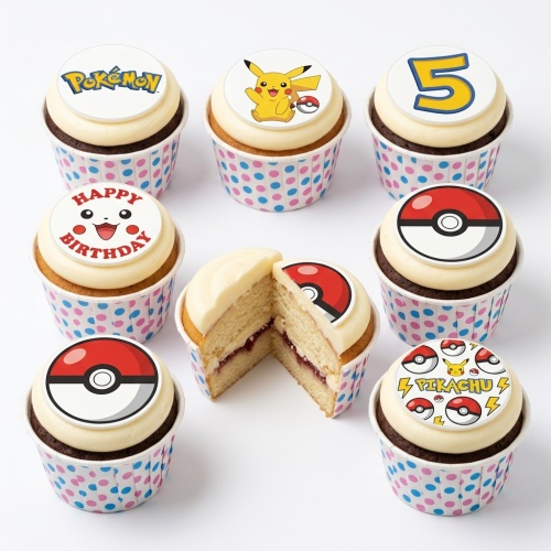Pikachu and Pokémon themed cupcakes with custom age and Happy Birthday toppers