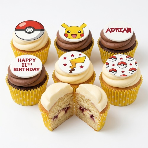 Assortment of Pokemon themed birthday cupcakes with Pikachu, Poké Ball, and custom age toppers.