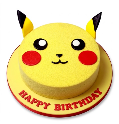 Yellow Pikachu face birthday cake with black ears, red cheeks, and 'Happy Birthday' message.