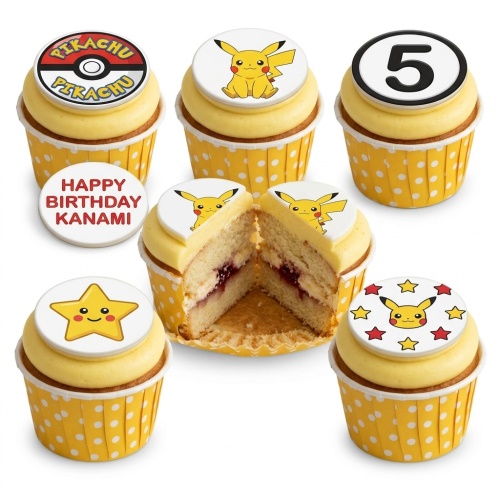 Pikachu themed cupcakes with yellow frosting, custom age topper, and personalised message topper.