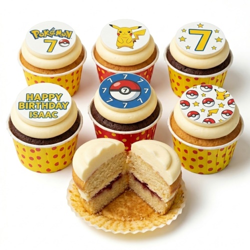 Pokémon themed cupcakes with Pikachu, Poké Balls, and custom age toppers.
