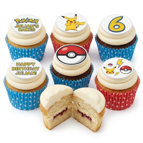 Six Pokémon themed cupcakes with Pikachu, Poké Ball, and custom age toppers, on white and red polka dot cases.