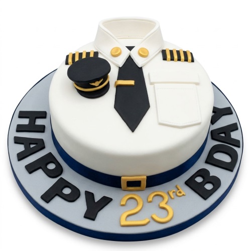 Round white cake decorated as a pilot's uniform with black tie, gold epaulettes, and a pilot hat.