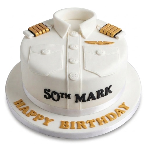 White pilot uniform shirt birthday cake with gold epaulettes, pilot wings, and custom age and name message.
