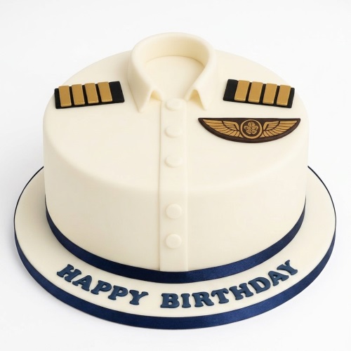 Round pilot uniform birthday cake with white fondant, gold epaulettes, and a pilot wings badge.