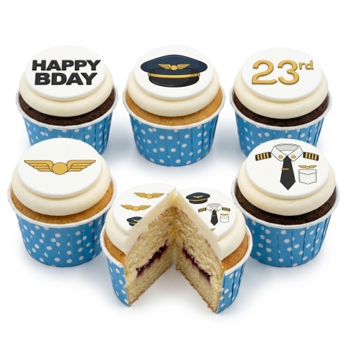Pilot themed cupcakes with pilot hat, wings, uniform, and custom age topper on white and chocolate cupcakes in blue polka dot wrappers.