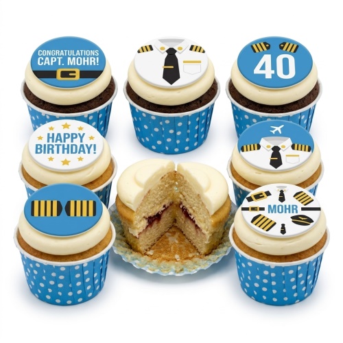 Pilot theme birthday cupcakes with white frosting, blue and white polka dot cases, and custom age and pilot uniform toppers.