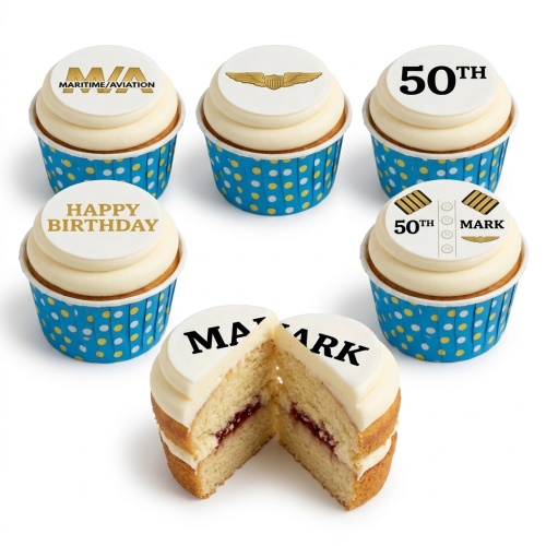 White cupcakes with pilot wings, epaulets, 'Maritime/Aviation' and 'Happy Birthday' toppers in blue polka dot wrappers.