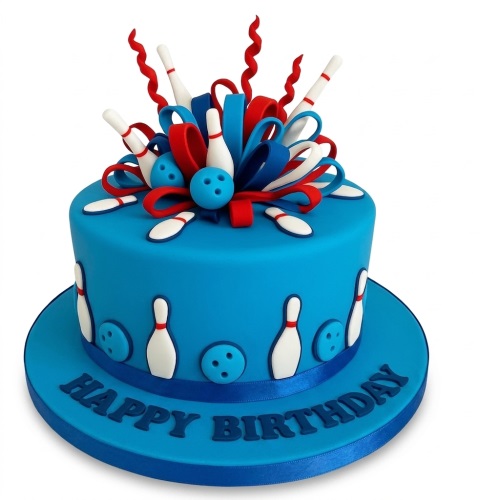Blue fondant bowling birthday cake with red, white, and blue bowling pins and balls.