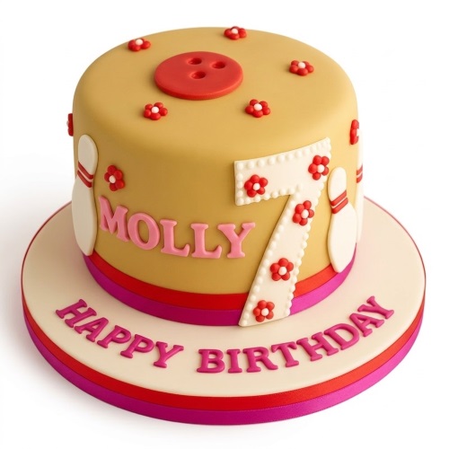 Round yellow fondant cake with red bowling ball, white bowling pins, red flowers, and a custom age topper.