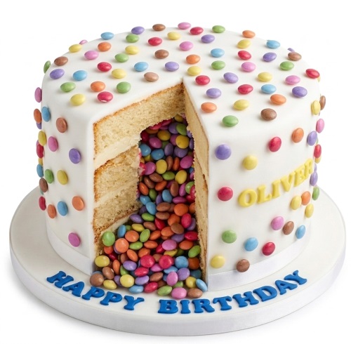 Round white birthday cake with colourful candy decorations and a candy explosion centre, personalised with a name.