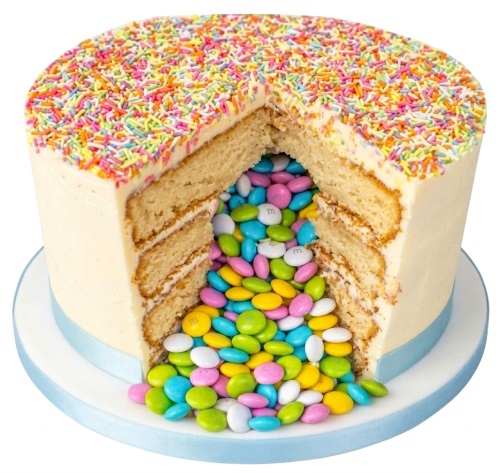 Round piñata birthday cake with white frosting, rainbow sprinkles, and a colourful candy-filled centre.