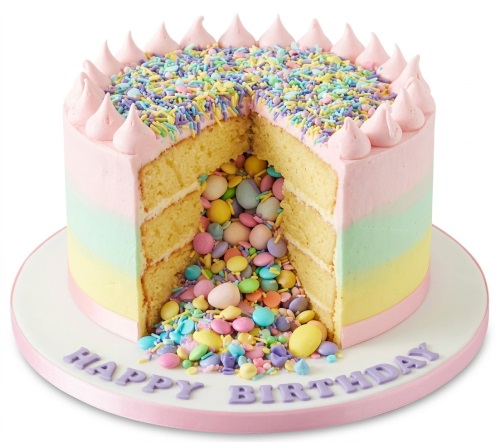 Pastel rainbow piñata birthday cake with sprinkles and candy filling, 'Happy Birthday' message.