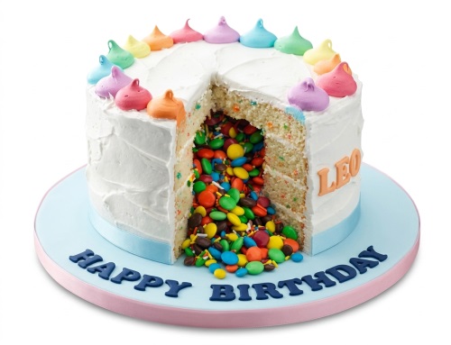 White frosted piñata birthday cake with rainbow meringue kisses and candy filling.