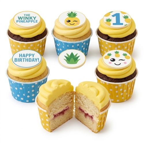 Winky pineapple themed birthday cupcakes with yellow frosting and custom age topper.