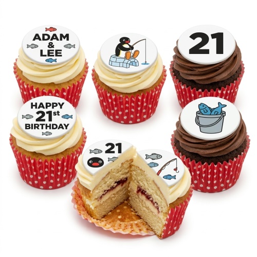 Pingu fishing and fish bucket cupcakes with custom age toppers. Vanilla and chocolate frosting.