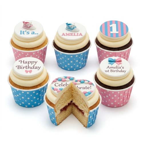 Assortment of baby shower cupcakes with pink and blue baby shoes, bows, and custom messages.