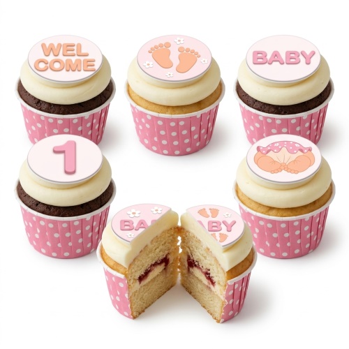 Pink baby shower cupcakes with 'WELCOME BABY' and baby feet toppers, including a number one example.