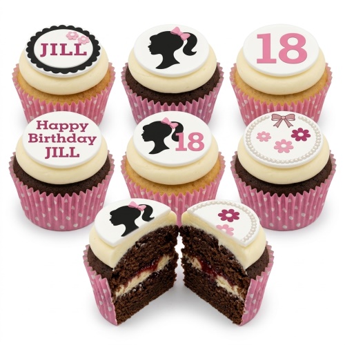 Set of Barbie silhouette, floral, and custom age birthday cupcakes in pink and white.