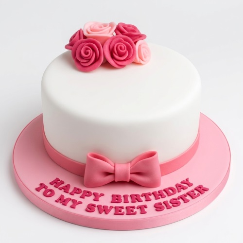 White round cake with pink fondant roses on top, a pink ribbon, and a pink bow on the front, on a pink cake board.