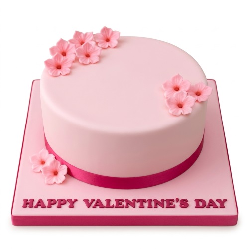 Pink round cake with sugar flowers and 'Happy Valentine's Day' message.
