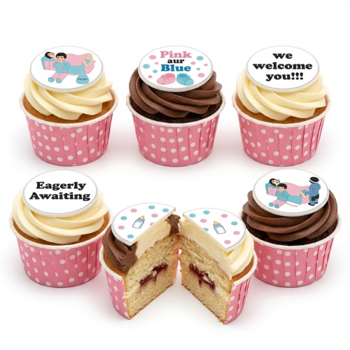 Vanilla and chocolate cupcakes with pink polka dot wrappers and gender reveal themed toppers.