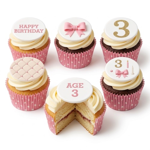 Pink and white birthday cupcakes with bows, quilted pattern, and custom age toppers.