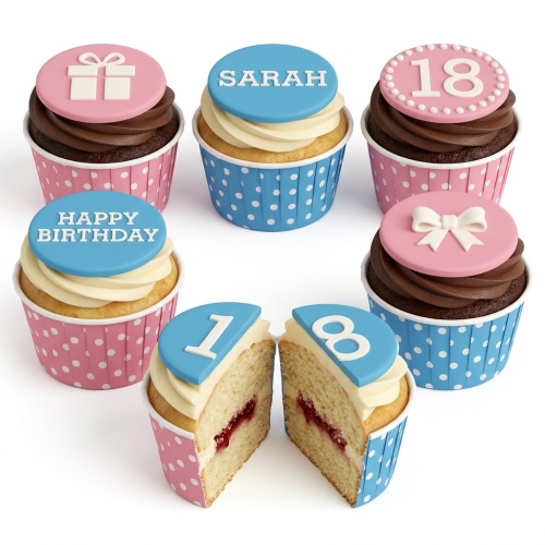Assorted personalised birthday cupcakes with custom age, name, gift, and bow toppers.