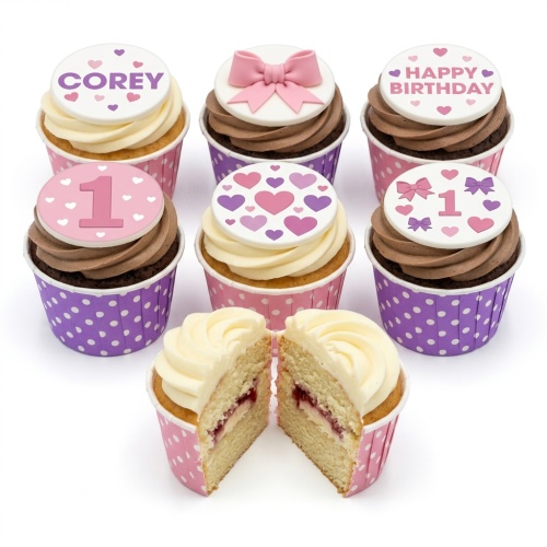 Girls birthday cupcakes with pink and purple heart and bow toppers, featuring custom age and name examples.