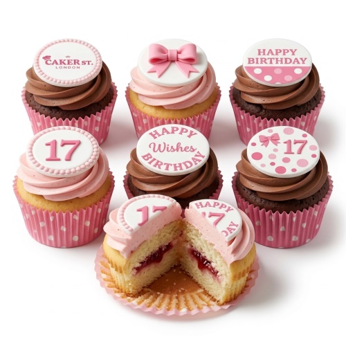 Pink and white polka dot cupcakes with bows and custom age toppers.