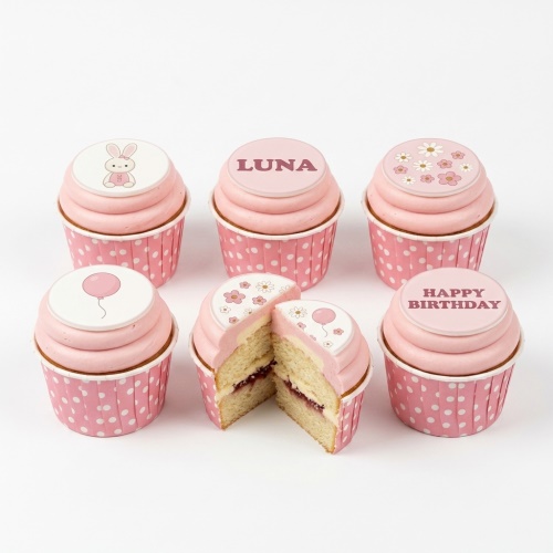 Pink cupcakes with bunny, balloon, and floral toppers, plus custom text examples.