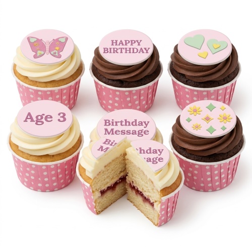 A box of six pink and brown cupcakes with butterfly, heart, floral, and custom message toppers.