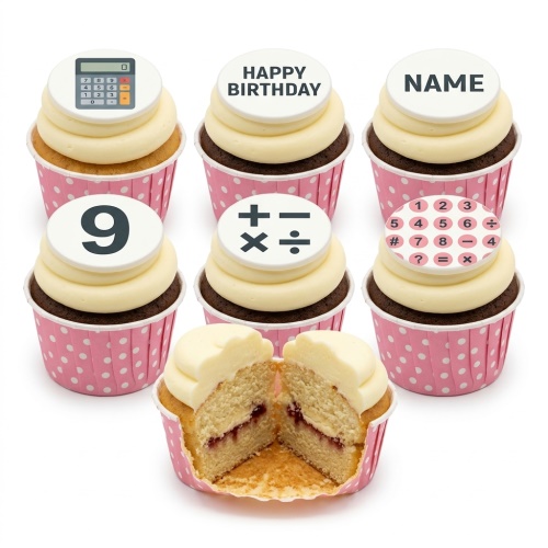 Collection of maths and calculator themed birthday cupcakes with white frosting and pink polka dot cases.