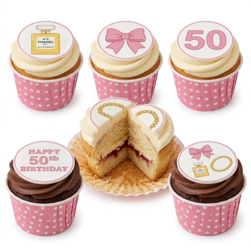 Vanilla and chocolate cupcakes with pink polka dot wrappers, topped with perfume, bow, pearl, and custom age birthday designs.