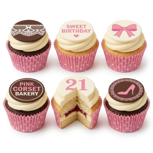 Six ladies birthday cupcakes with lace, bow, 'Sweet Birthday', '21', and high heel toppers.