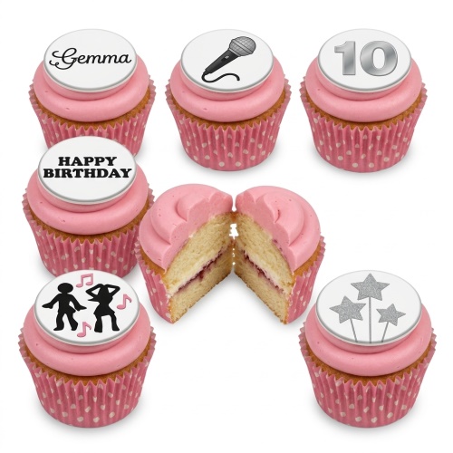 Pink cupcakes with music, dance, stars, and custom age and name toppers.