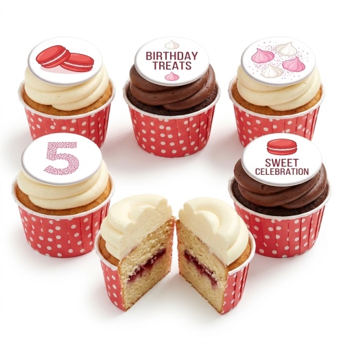 Vanilla and chocolate cupcakes with white and brown frosting, red polka dot wrappers, and edible toppers showing macarons, meringues, 'BIRTHDAY TREATS', 'SWEET CELEBRATION', and a number 5.