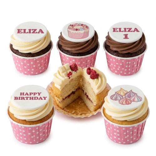 Six personalised birthday cupcakes with custom name, age, message, cake, and meringue toppers.
