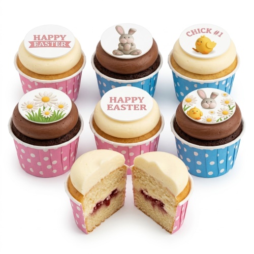 Assortment of Easter cupcakes with bunny, chick, and daisy edible toppers in pink and blue polka dot wrappers.