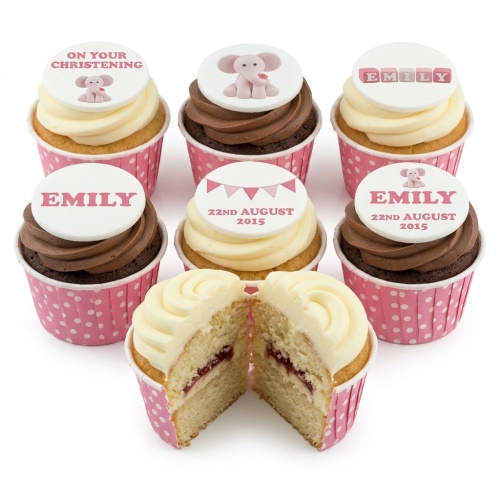 Pink elephant and bunting christening cupcakes with customisable name and date toppers.