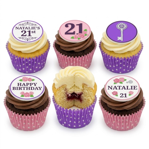 Selection of floral birthday cupcakes with rose decorations, custom age toppers, and a key design.