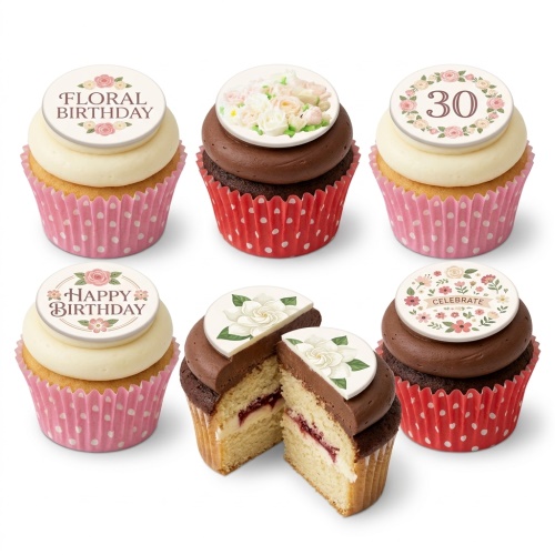 Floral birthday cupcakes with vanilla and chocolate frosting, featuring various flower and custom message toppers.