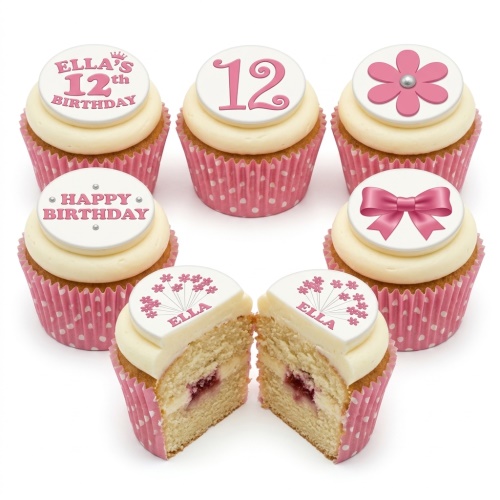 Pink floral birthday cupcakes with custom age topper and 'Happy Birthday' message.