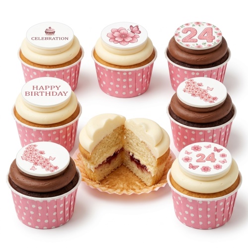 Assorted vanilla and chocolate cupcakes with pink floral and butterfly toppers, some showing '24' and 'Happy Birthday'.
